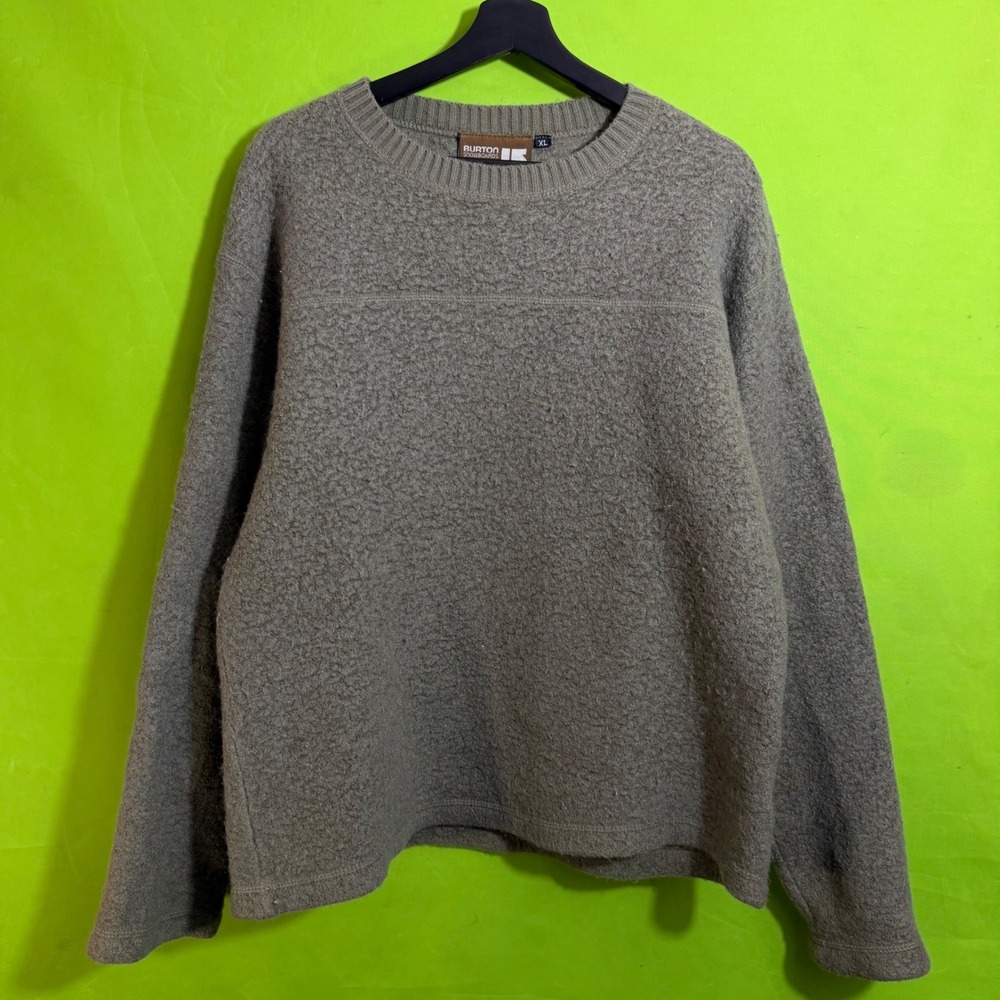 Burton Snowboards LARGE Wool Blend Textured Crewneck Sweater Gray Olive Green
